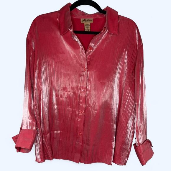 Vintage Milano Metallic Pink Crinkle Button Down Blouse XL Y2K Glam Party Top - Picture 1 of 10